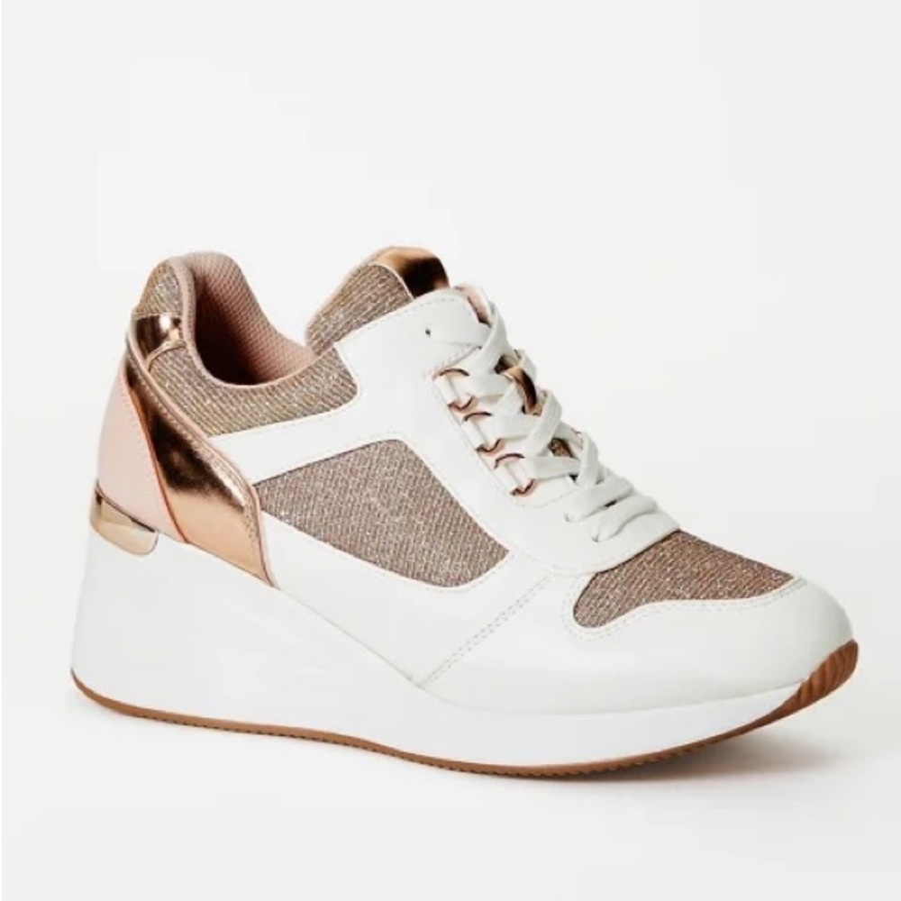 •Trinity• Stylish Women's White, Blush, & Rose Gold Wedge Sneakers - Picture 1 of 3
